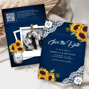 Reserve A Data Marinho de girassol Foto azul Código QR Casamento