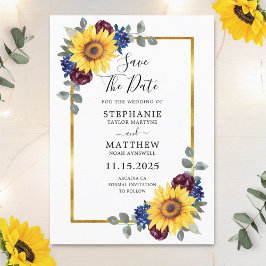 Reserve A Data Marinho de Sunflower Burgundy Casamento Dourado Fl