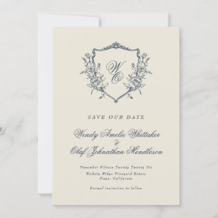 Reserve A Data Marinho e Cream Vintage Floral Crest Monograma Fot