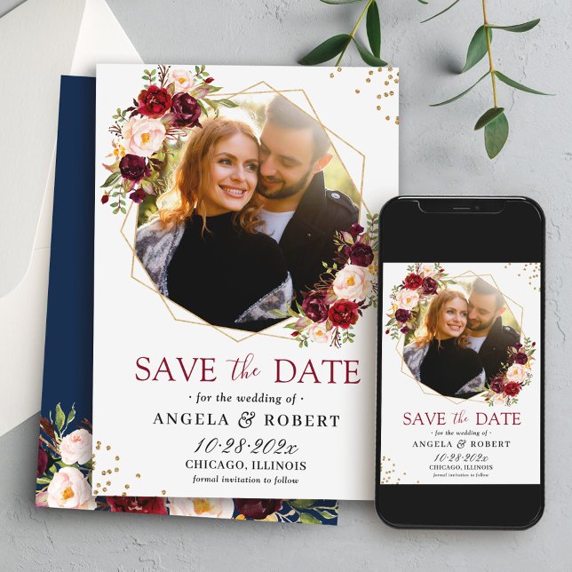 Reserve A Data Marinho Floral Rustic Burgundy Foto Geométrica Dou (Criador carregado)