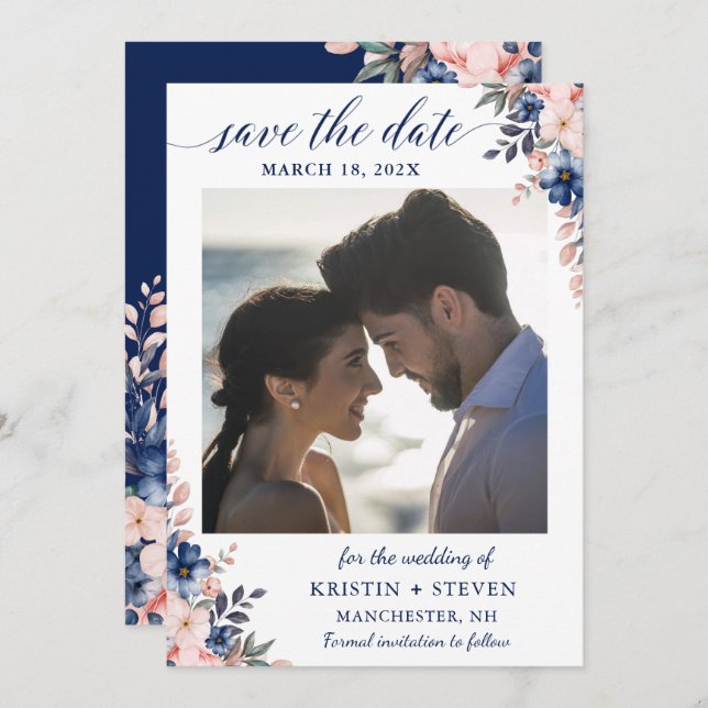 Reserve A Data Marinho Peach Blue Floral Photo Save The Date Card (Frente/Verso)