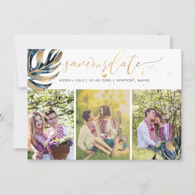 Reserve A Data Marinho PixDezines Azul Monstera Faux Metálico (Frente)