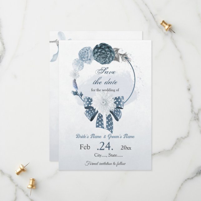 Reserve A Data marinho poeirento flores azuis casamento botânico (Frente/Verso In Situ)