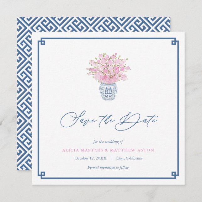 Reserve A Data Marinho Rosa Inteligente Casamento Azul Chinoiseri (Frente/Verso)