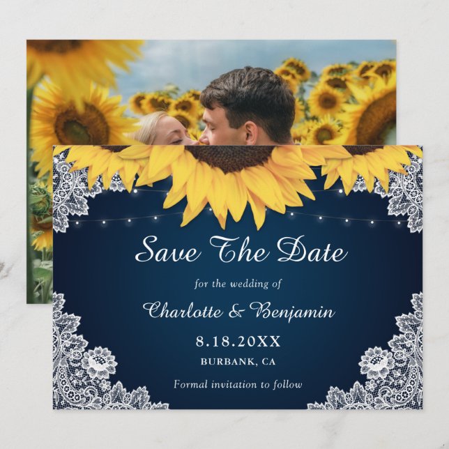 Reserve A Data Marinho Rustic Sunflower Foto Salvar Data (Frente/Verso)