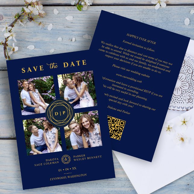 Reserve A Data Marinho Ultra Trendy e Casamento de 4 Fotos Múltip (Ultra Trendy Navy Blue & Fake Gold 4 Multi Photos Collage Wedding Script Downloadable Save the Date.)