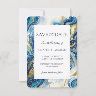 Reserve A Data Mármore Azul Dourado Elegante Salve o Dia do Casa