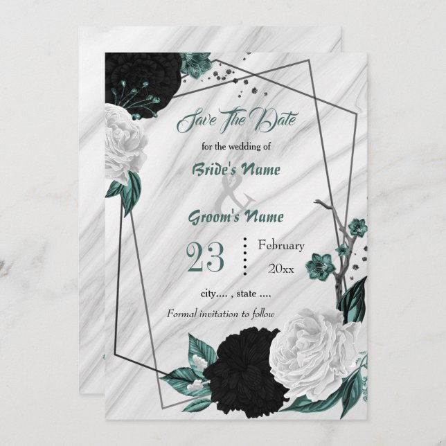 Reserve A Data mármore geométrico preto branco-branco-floral prat (Frente/Verso)