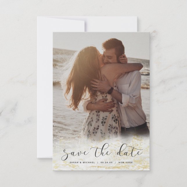 Reserve A Data Mármore Moderno Fade Branco com Foto Personalizada (Frente)