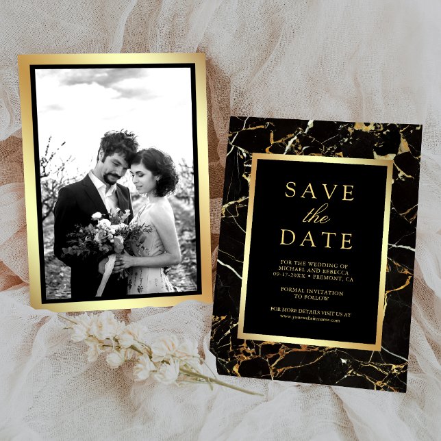 Reserve A Data Mármore Preto Dourado Foto Casamento (Criador carregado)