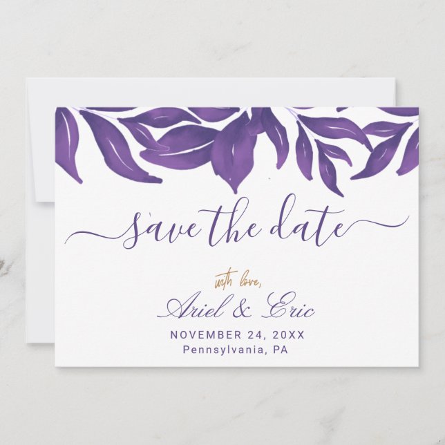 Reserve A Data Mármore Roxo & Eucalipto Dourado Casamento Elegant (Frente)
