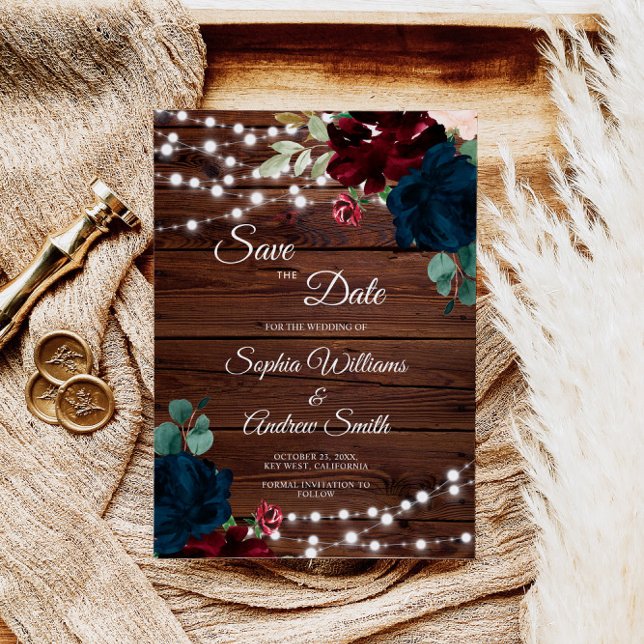Reserve A Data Marsala & Navy Flowers Rustic Wood Save The Date (Criador carregado)