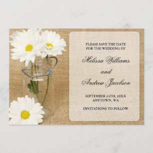 Reserve A Data Mason Jar Burlap White Daisies Salva a Data
