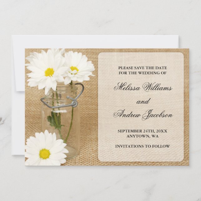 Reserve A Data Mason Jar Burlap White Daisies Salva a Data (Frente)