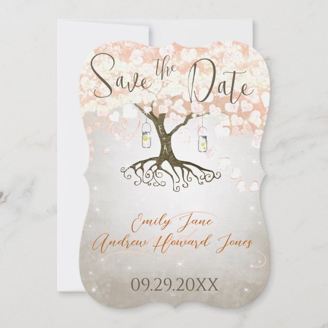 Reserve A Data Mason Jar Peachy Heart Leaf Tree Save the Date (Frente)