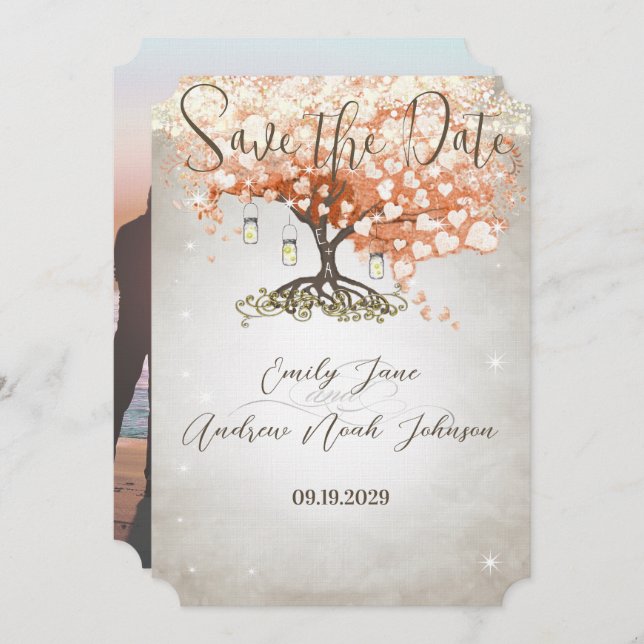 Reserve A Data Mason Jar Peachy Heart Leaf Tree Save the Date (Frente/Verso)