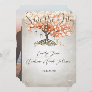 Reserve A Data Mason Jar Peachy Heart Leaf Tree Save the Date