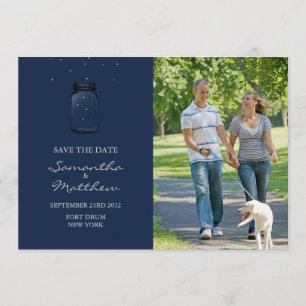 Reserve A Data Mason Jar Photo Save the Date Card - Azul Escuro