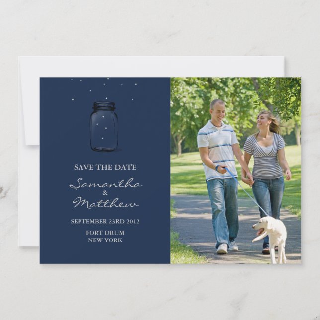 Reserve A Data Mason Jar Photo Save the Date Card - Azul Escuro (Frente)