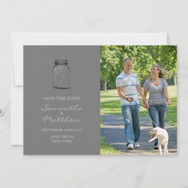 Reserve A Data Mason Jar Photo Save the Date Card - Cinza (Frente)