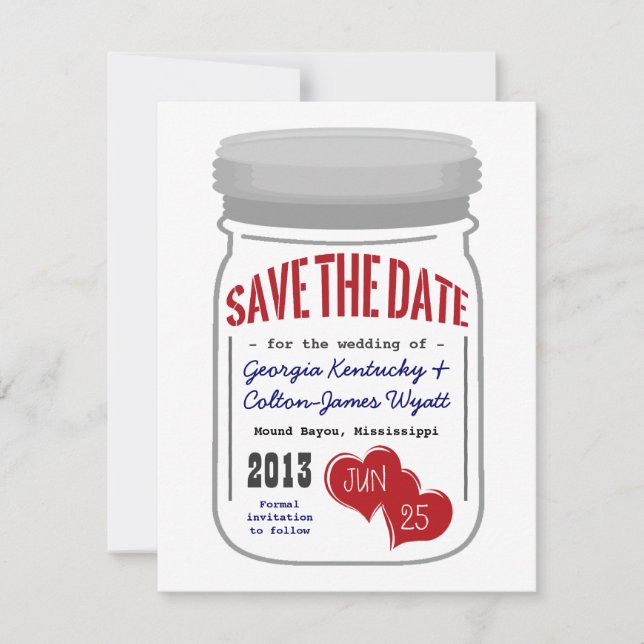 Reserve A Data Mason Jar Salve a Data Vermelho Azul Branco (Frente)