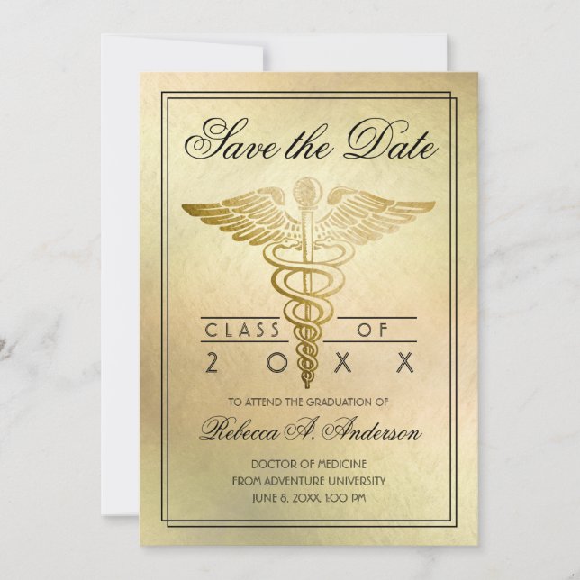 Reserve A Data Médico de Graduação Caduceus Dourado Elegante (Frente)