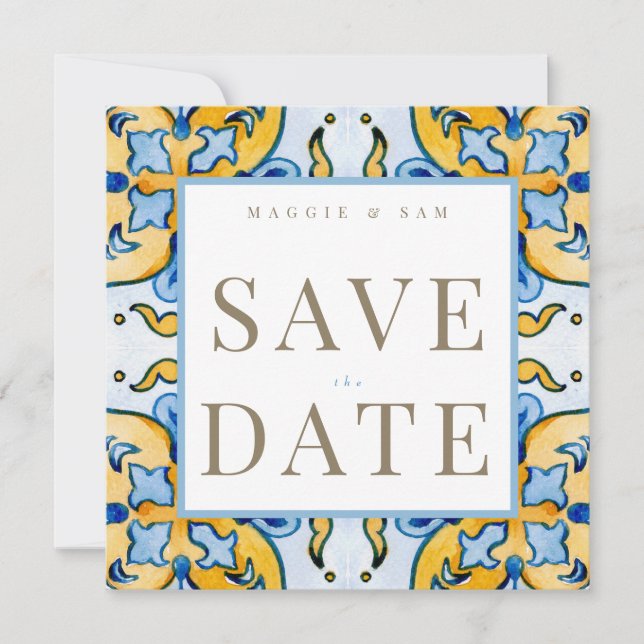 Reserve A Data Mediterranean Azulejo Quadrado Casamento Save the  (Frente)
