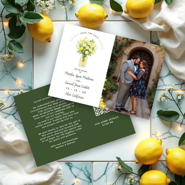 Reserve A Data Mediterranean Cheerful Floral Arrangement Lemons (Mediterranean Cheerful Floral Arrangement Lemons & Flowers Wedding Save the Date Cards with Photo)
