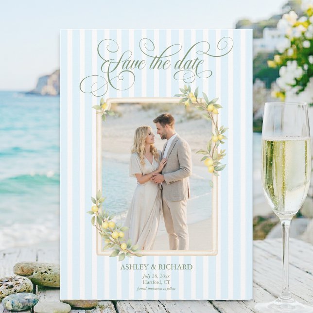 Reserve A Data Mediterranean Lemon Coastal Wedding Photo (elegant mediterranean citrus lemon coastal blue stripe couple photo wedding save the date card)