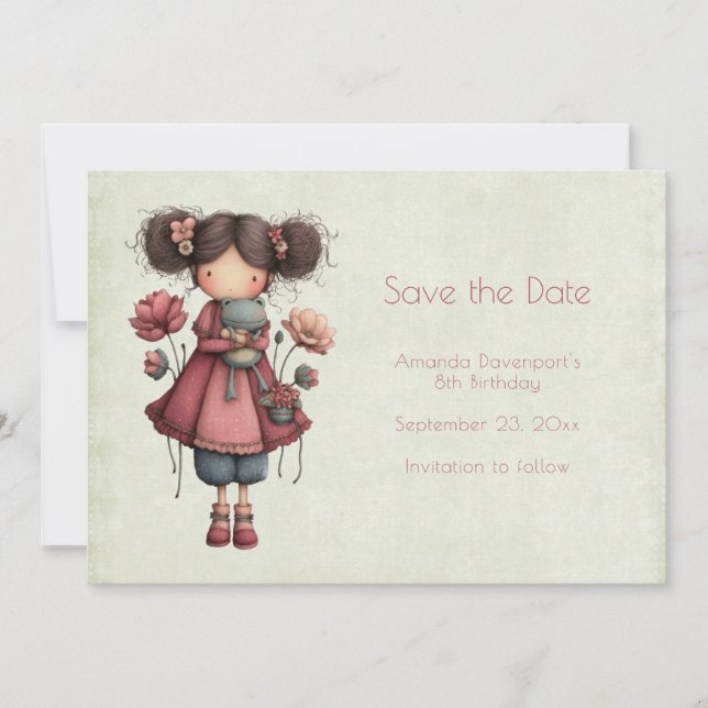 Reserve A Data Menina com uma boneca de rã, fofa e caprichosa de  (Frente)