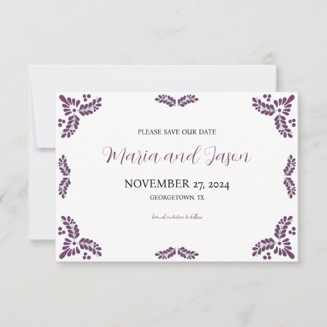 Reserve A Data Mexican Talavera Purple Floral Minimalist Wedding (Frente)