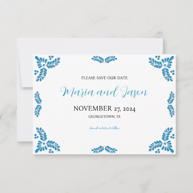 Reserve A Data Mexican Talavera Turquoise Minimalist Wedding (Frente)