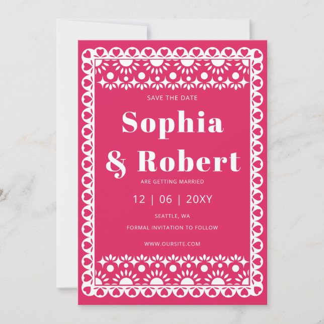 Reserve A Data Mexicano Fiesta Pink Papel Picado Boho Casamento (Frente)