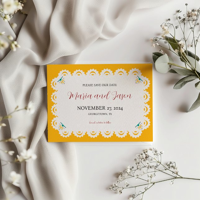 Reserve A Data Mexicano Papel Picado Yellow Nuestra Boda Wedding (Mexican Papel Picado Yellow Nuestra Boda Wedding Save The Date)