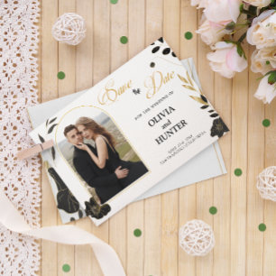 Reserve A Data Mínima Foto Floral Dourada, Preta e Branco