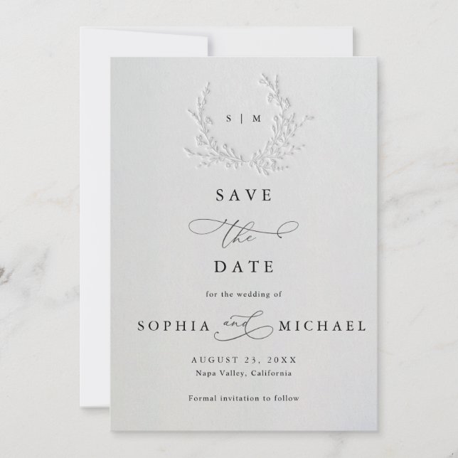 Reserve A Data Minimal Faux Blind Deboss Cotton Save The Date (Frente)