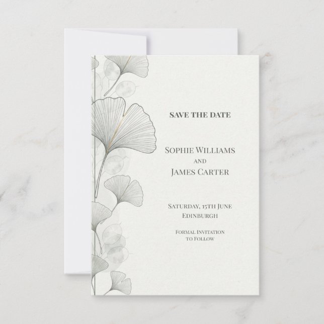 Reserve A Data Minimal Grey Ginkgo Casamento Salve a Data (Frente)
