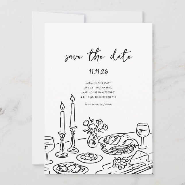 Reserve A Data Minimal Hand Drawn Whimsical Doodle Save The Date (Frente)