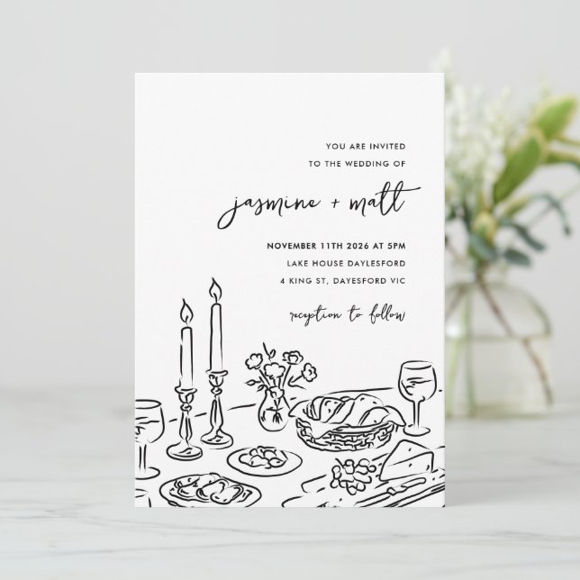 Reserve A Data Minimal Hand Drawn Whimsical Doodle Wedding Invite (Em pé/Frente)