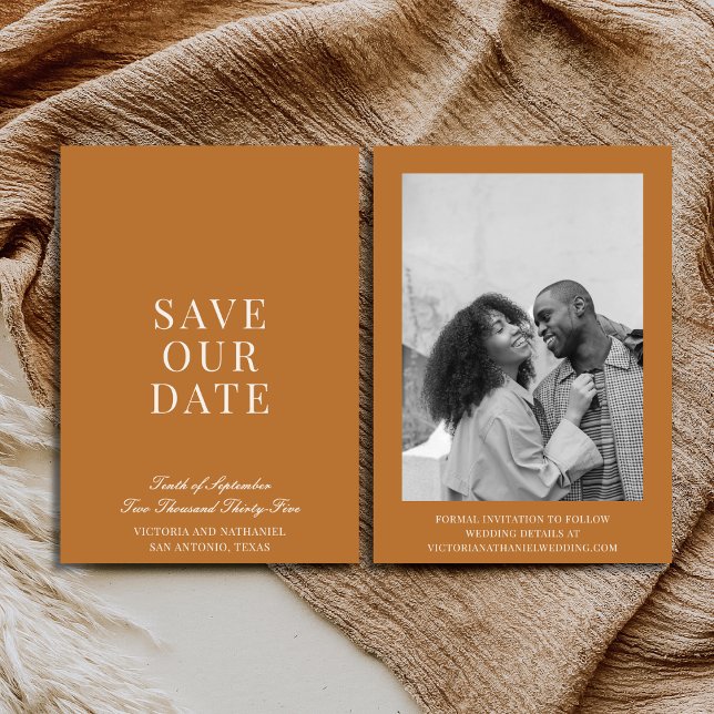 Reserve A Data Minimal Old Money Copper Light Brown Photo Wedding (Criador carregado)