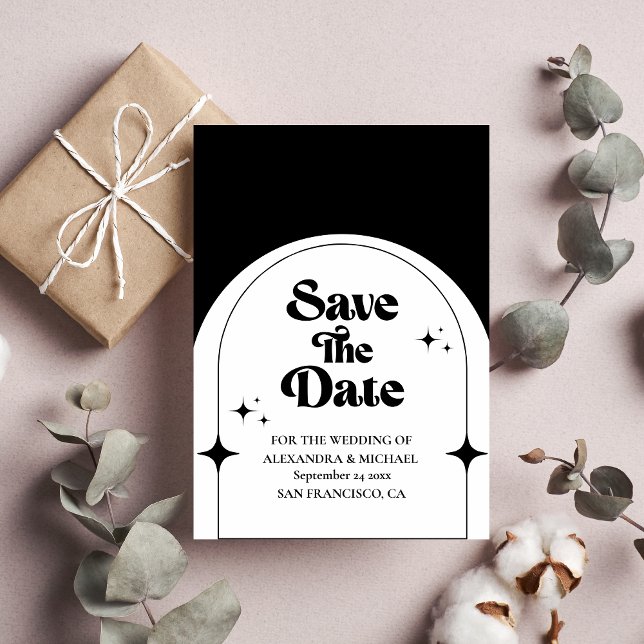 Reserve A Data Minimal Retro Arco Preto e Branco Salvar a Data (Criador carregado)