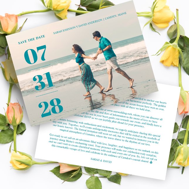 Reserve A Data Minimalist Aquamarine Stylish & Fun Wedding Photo  (Minimalist Aquamarine Stylish & Fun Wedding Photo Card Save the Date with Envelope.)