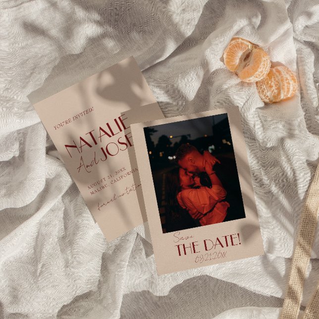 Reserve A Data Minimalist Deep Red Whimsical Retro Photo Wedding (Criador carregado)