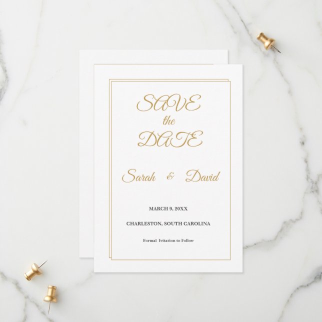 Reserve A Data Minimalist Gold Border Save the Date Card (Frente/Verso In Situ)