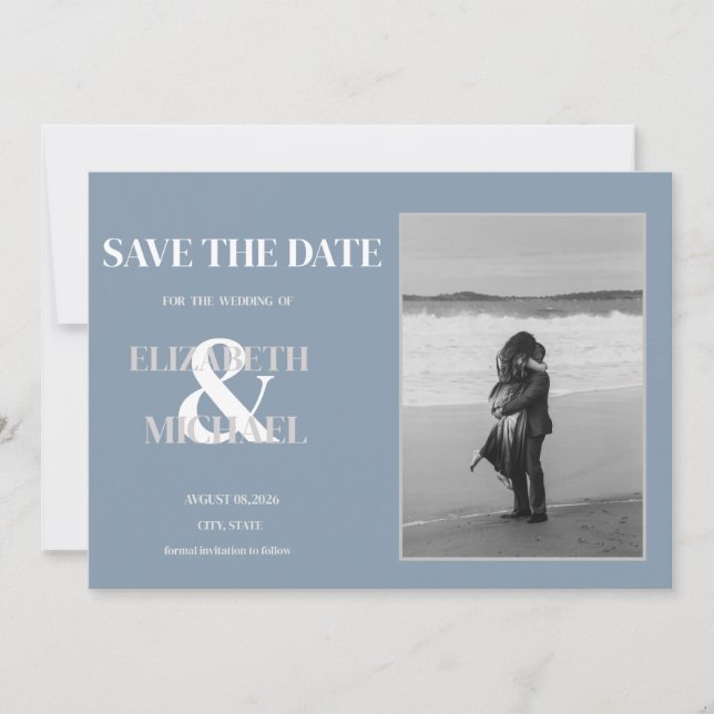 Reserve A Data Minimalist Wedding Dusty Blue Photo Save The Date (Frente)