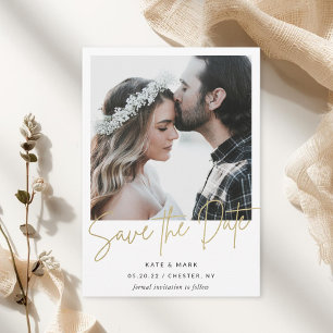 Reserve A Data Minimalista Foto em Caligrafia a Ouro para Save th