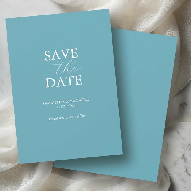 Reserve A Data Mínimo Azul Não Fotográfico Salvar As Datas (non photo save the dates turquoise blue with white typography minimalist design Victoria Grigaliunas)