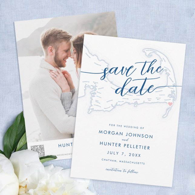 Reserve A Data Mínimo de Bares de Chatham Modernos no Mapa (Chatham Bars Inn Wedding Save the Dates in minimal modern navy blue from Coastal Map Designs)