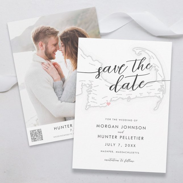 Reserve A Data Mínimo de Popponesset Moderno em Mapa Salvar a Dat (Popponesset Inn wedding save the dates with minimal modern black and white design )