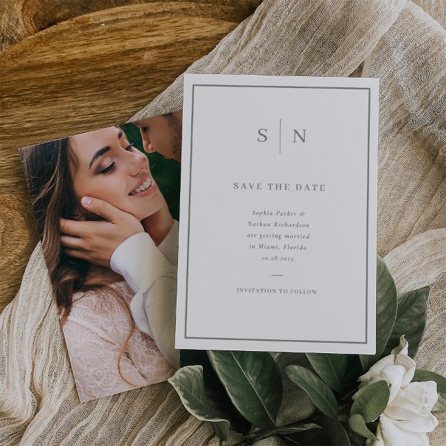 Reserve A Data Mínimo e Chic | Branco e Verde Sage com Foto (A trendy yet classic white save the date card with sage green text, and a photo of you on the back)